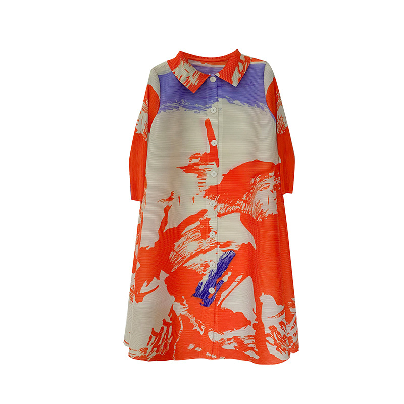 OEM<000000>ODM Miyake Fabrik Direktverkauf 2025 Frühjahr und Sommer Neue Plissee Fashion Print Strickjacke Revers Kleid Frauen Casual Dress 8