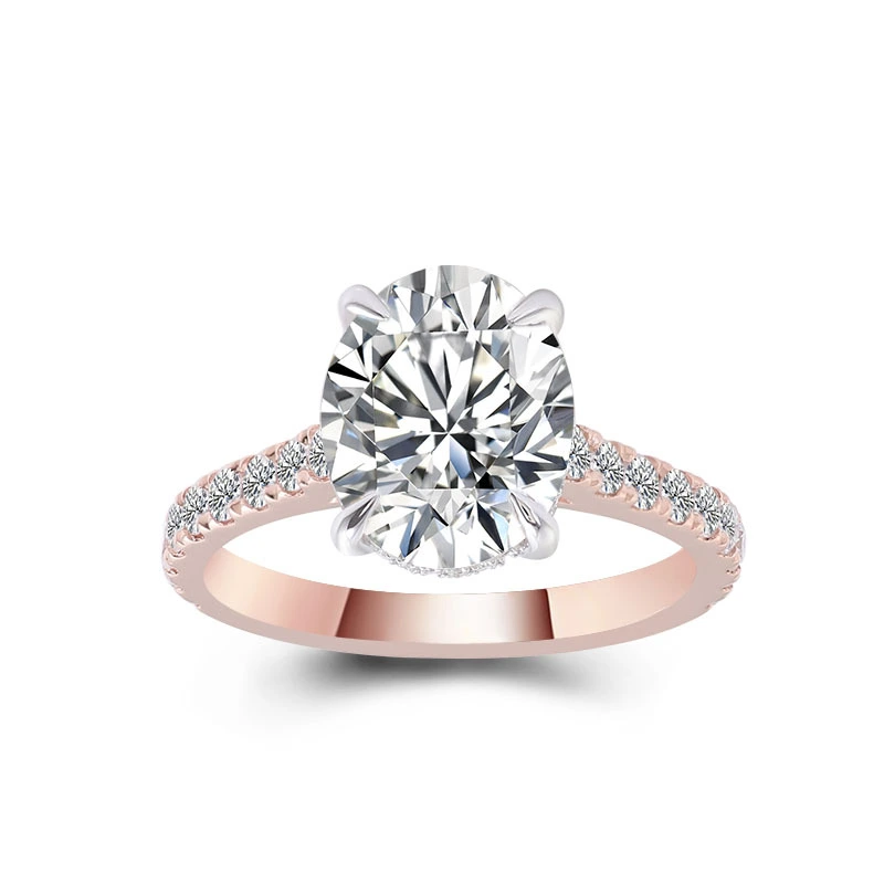 Bague de fiançailles en or rose 14 carats et or blanc, deux tons, sertie d&39;un diamant synthétique ovale taille brillant de 2 carats et d&39;une moissanite 1