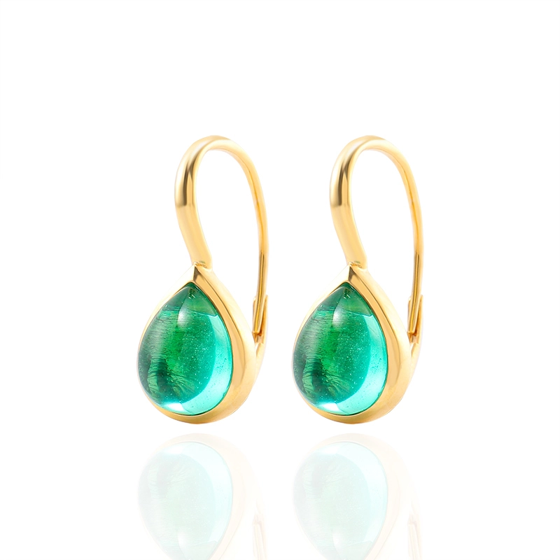 Nouveau design Real Yellow Gold 10k 8x10mm Pear Cabochon Lab Laborat d'oreilles en cerceau émeraude cultivé 1