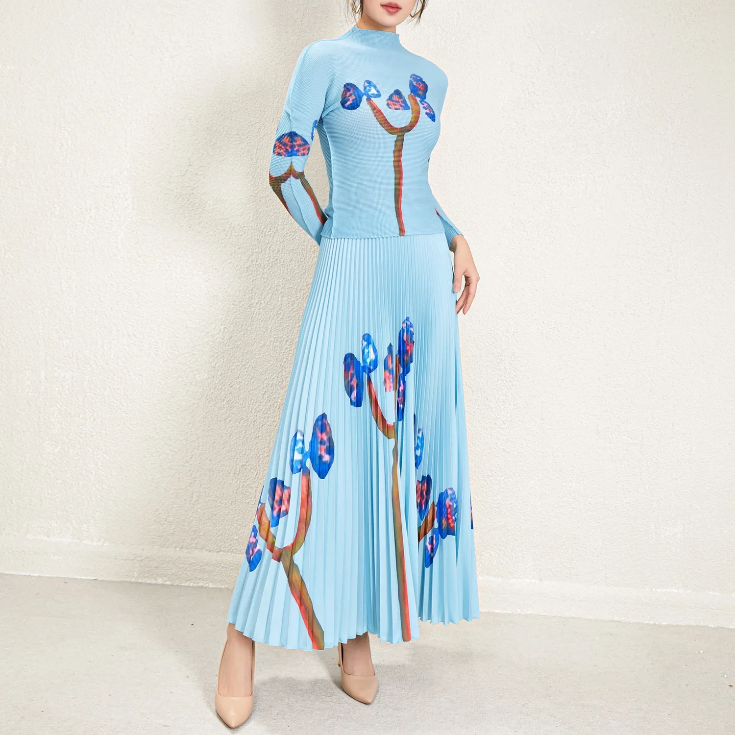 Faltenkleidung: Miyake plissierte neue Frauen-Oberteile Frauen eleganter Freizeitstil langhändiger Tops Falten-Rock zweiteilig 1