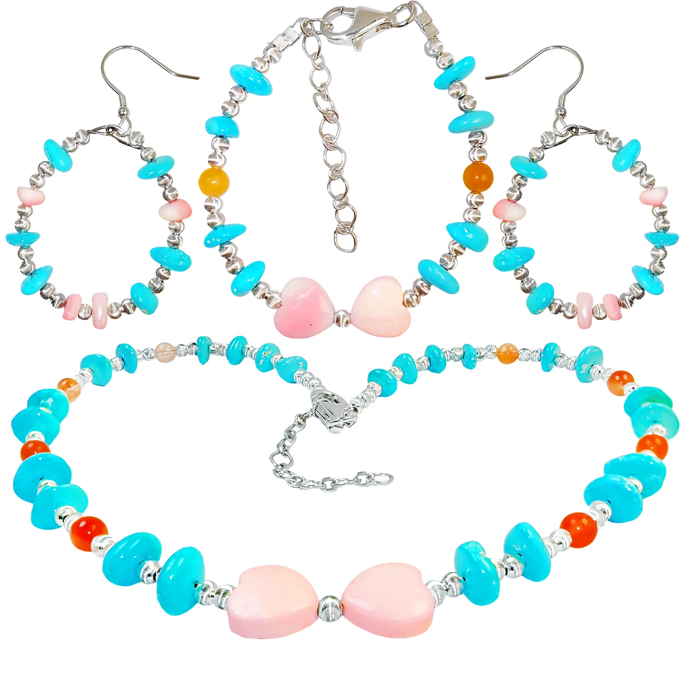 This Jewelry Set Is Made Of Turquoise Pink Opal And S925 Silver With A Unified Style It Includes A Necklace Bracelet And 1