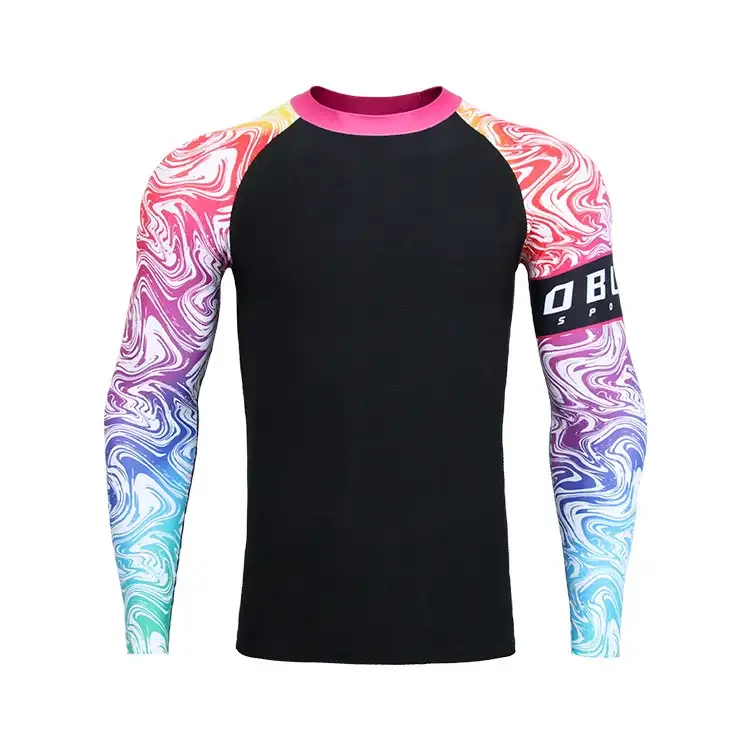 Lógó an Chustaim Ardchaighdeáin Fight Gear Plain Jiu Jitsu Léinte Comhbhrú Folláine Clóbhuailte Muinchille Fada D'Fhir Bjj Rashguard 1
