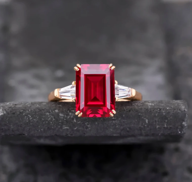 8*11mm Emerald Cut Lab Created Jedi Ruby Stone Ring 10k/14k/18k Yellow Gold Engagement Ring Fashion Jewelry Moissanite Rings 1