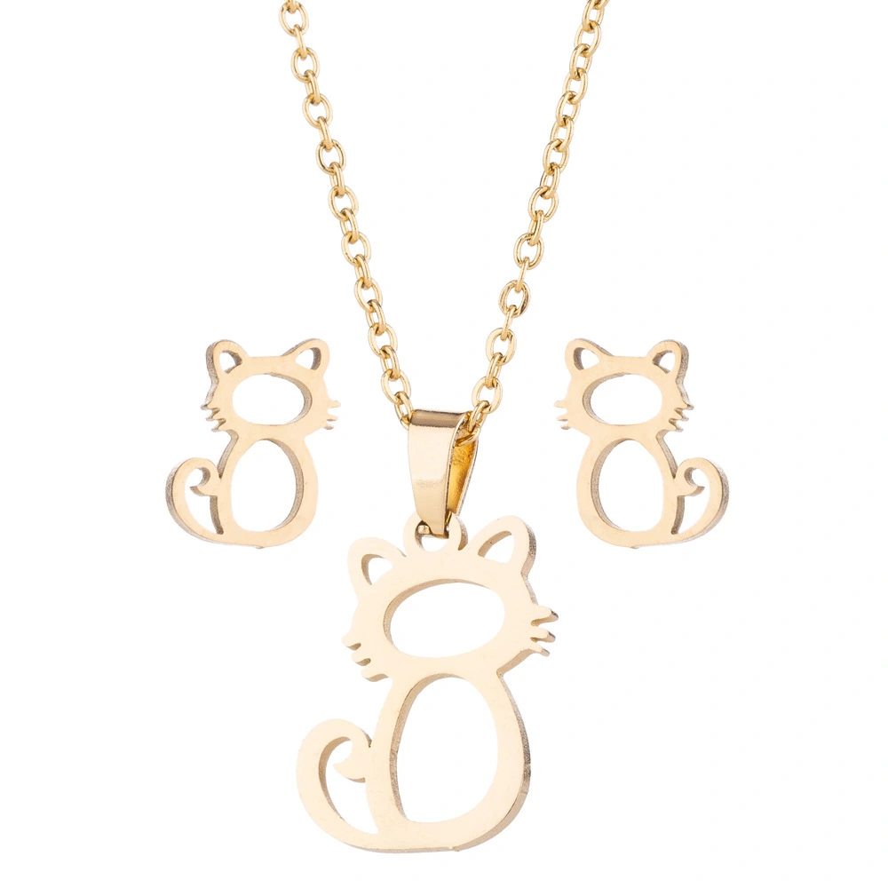 Manufacturer Wholesale Fashion Hollow Cat Pendant Necklace Beautiful Stainless Steel Necklace Earring Set 1