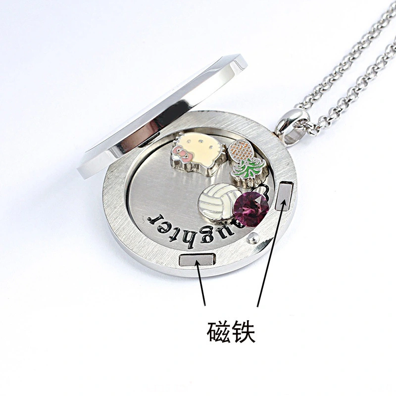Stainless Steel Diamond-embedded Magnetic Flip-open Round Glass Pendant Photo Box Necklace 1