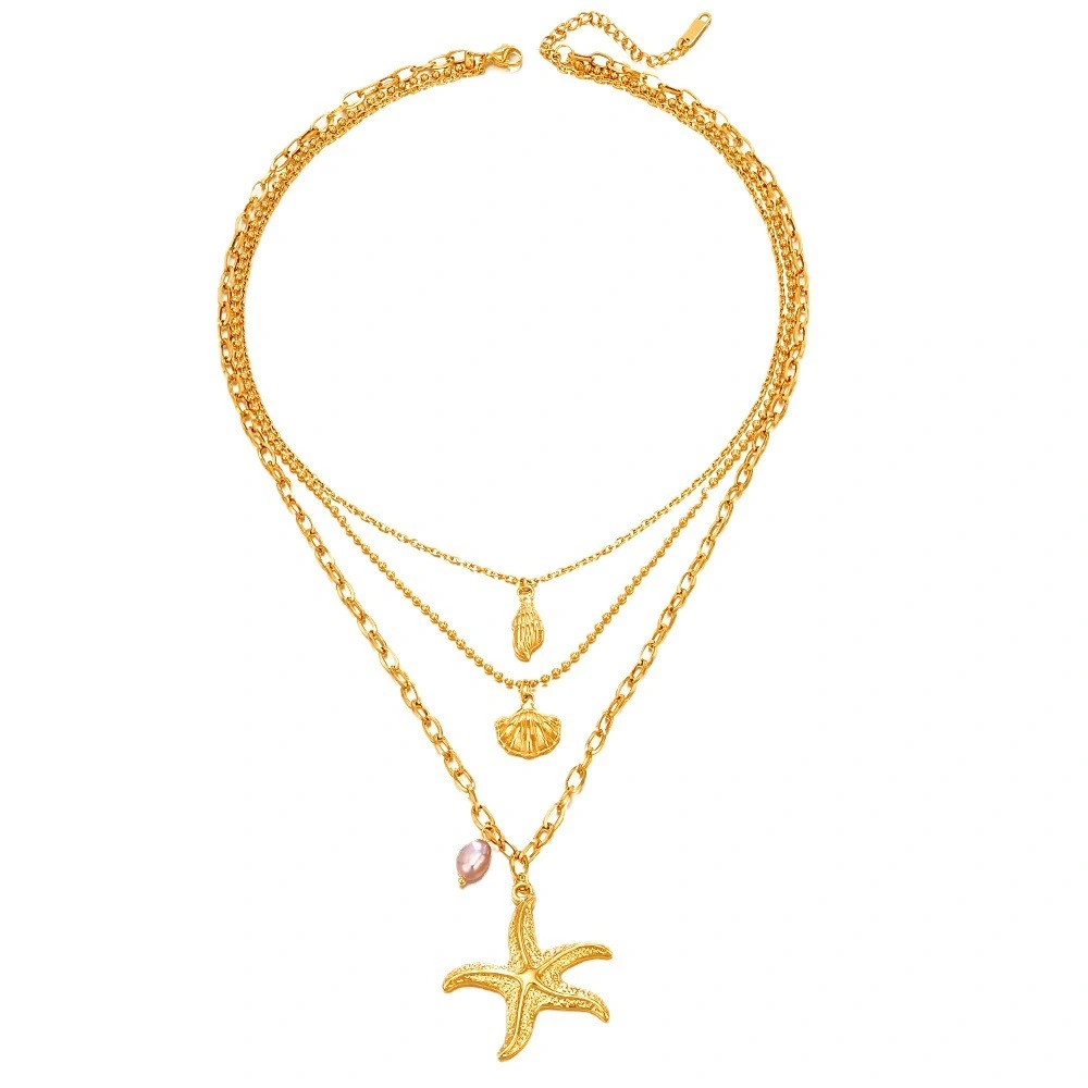 2024 New Arrival Three Layer Pearl Starfish Retro Shell Snail Stainless Steel Pendant Trendy Layering Necklace For Women 1