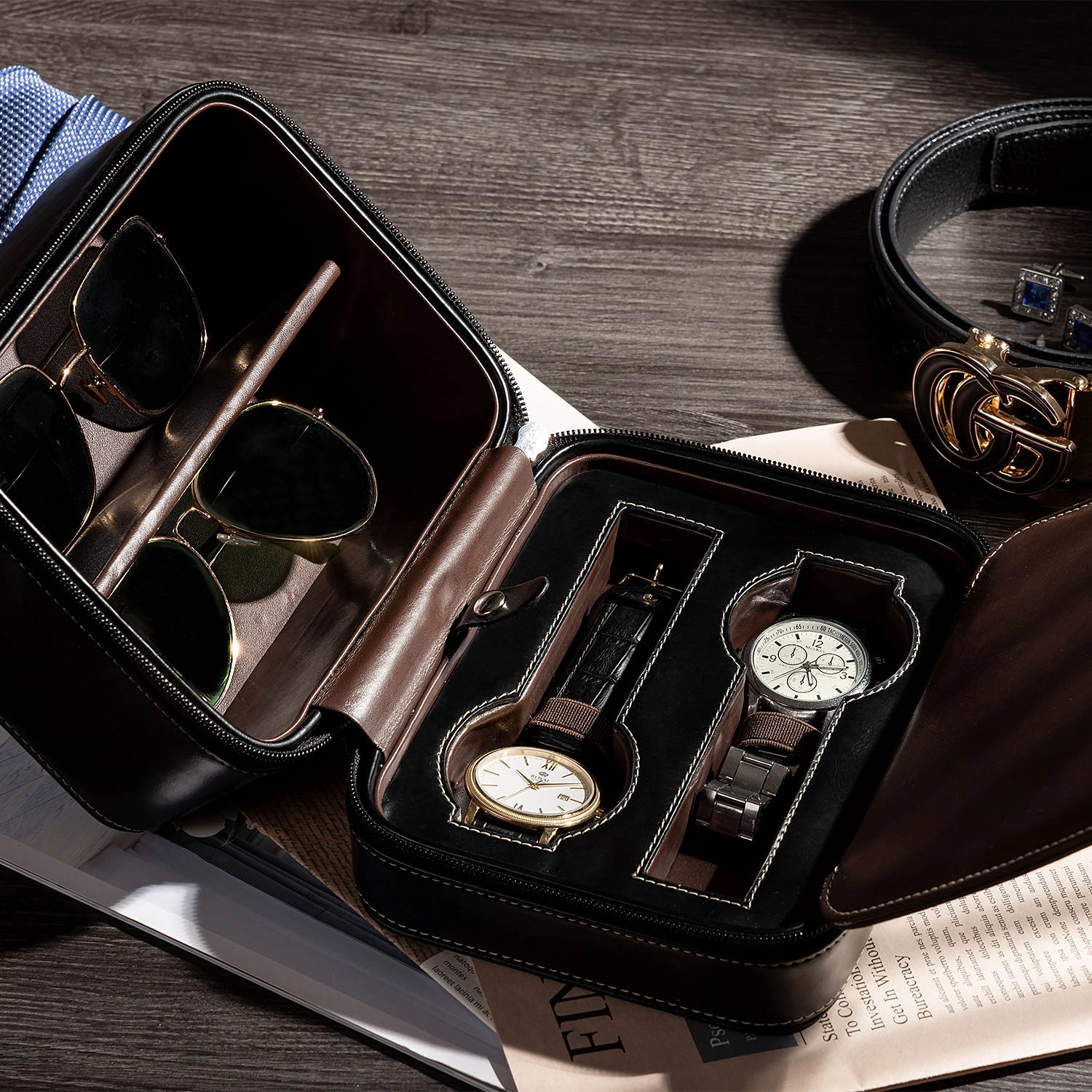 2 Slot Square Leather Watch Bag with Sunglasses for Men's Luxury Travel 1