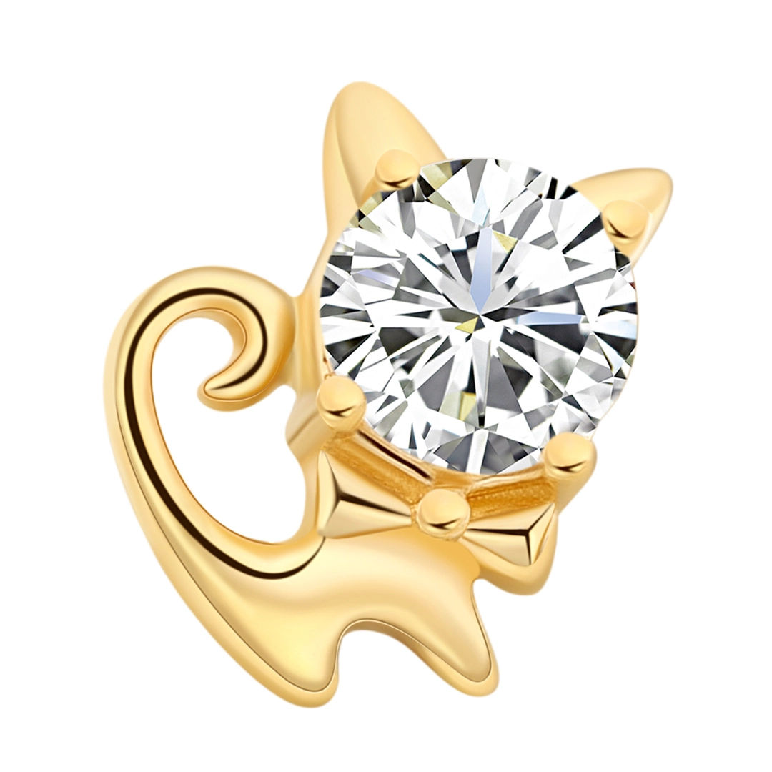 Friendly Animals Eternal Metal 14k Solid Gold Cat Shape Threadless Bezel Setting Clear Cz Top Earring Nose Piercing Jewelry 1