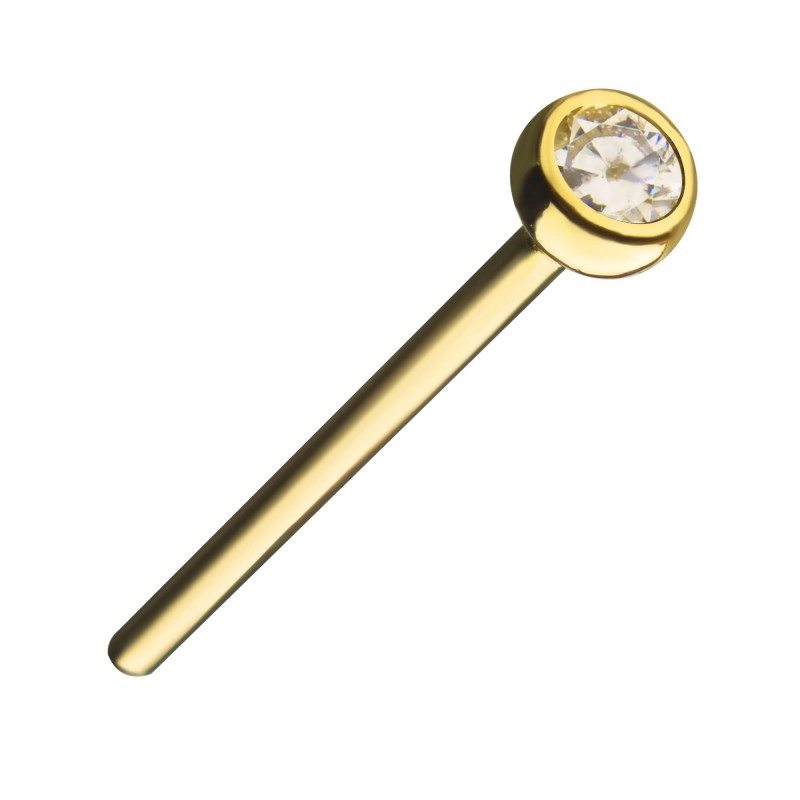 Eternal Metal 14kt Yellow Gold Nose Pin With 2mm Bezel Set Clear Cz On Top Nose Stud 1