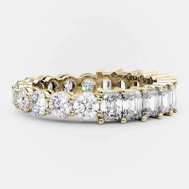 14k Solid Gold Mood Eternity Band Half Emerald Cut Half Round Cut Lab Diamond Def-vs Full Eternity Diamond Band 1