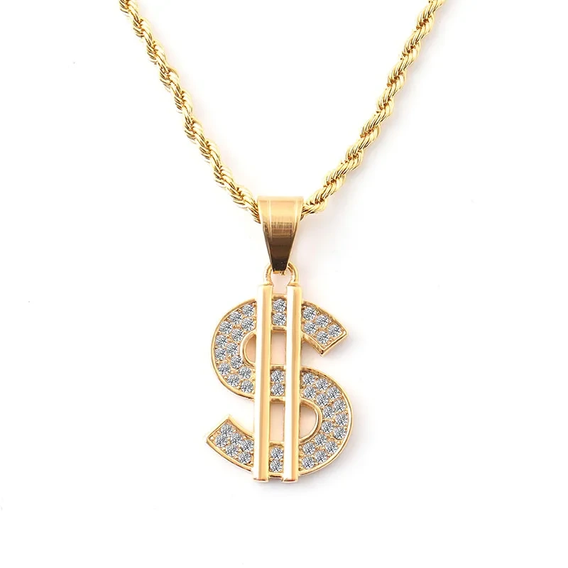 Ice Out Dollar Sign Pendant Diamond Fully $ Symbol Necklace Yellow 10k Hip Hop Moissanite Money Sign Dollar Necklace 1