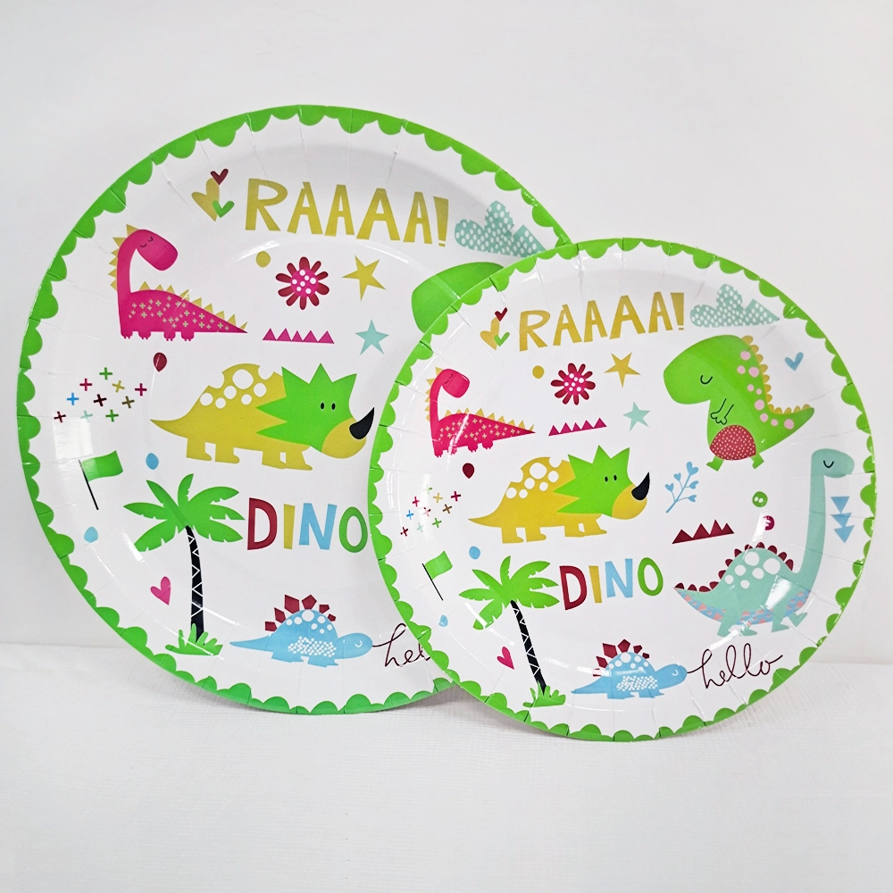 Farfurie de hârtie de unică folosință verde pentru petrecere cu dinozauri - farfurie rotundă pentru cină imprimată personalizat 1