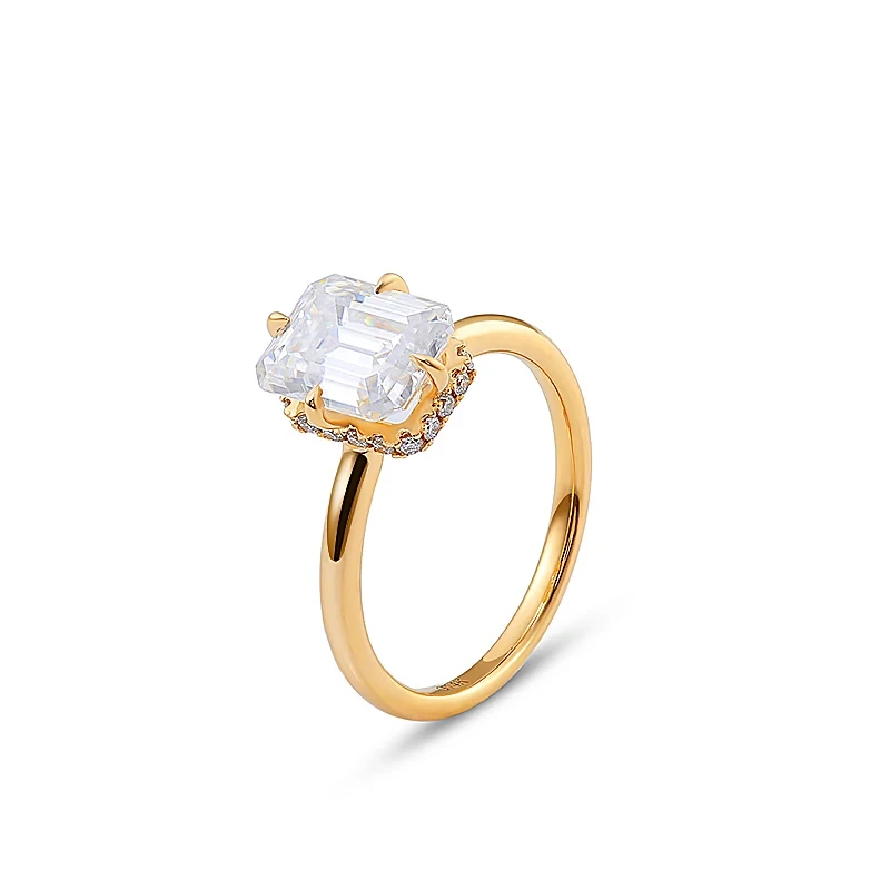 3Carat Emerald Cut Diamond VVS Gold Ring مع مختبر الماس غير المرئي Halo Gold Gold 14k Cross Cross Prongs مجموعة من الخاتم الماسي 1