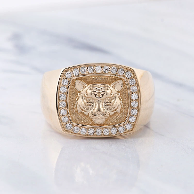 Men's Tiger Head Ring 14k Solid Gold Signet Animal Ring Men's Statement Ring Tiger Diamond Band Meaningful Father's Day Gifts 1