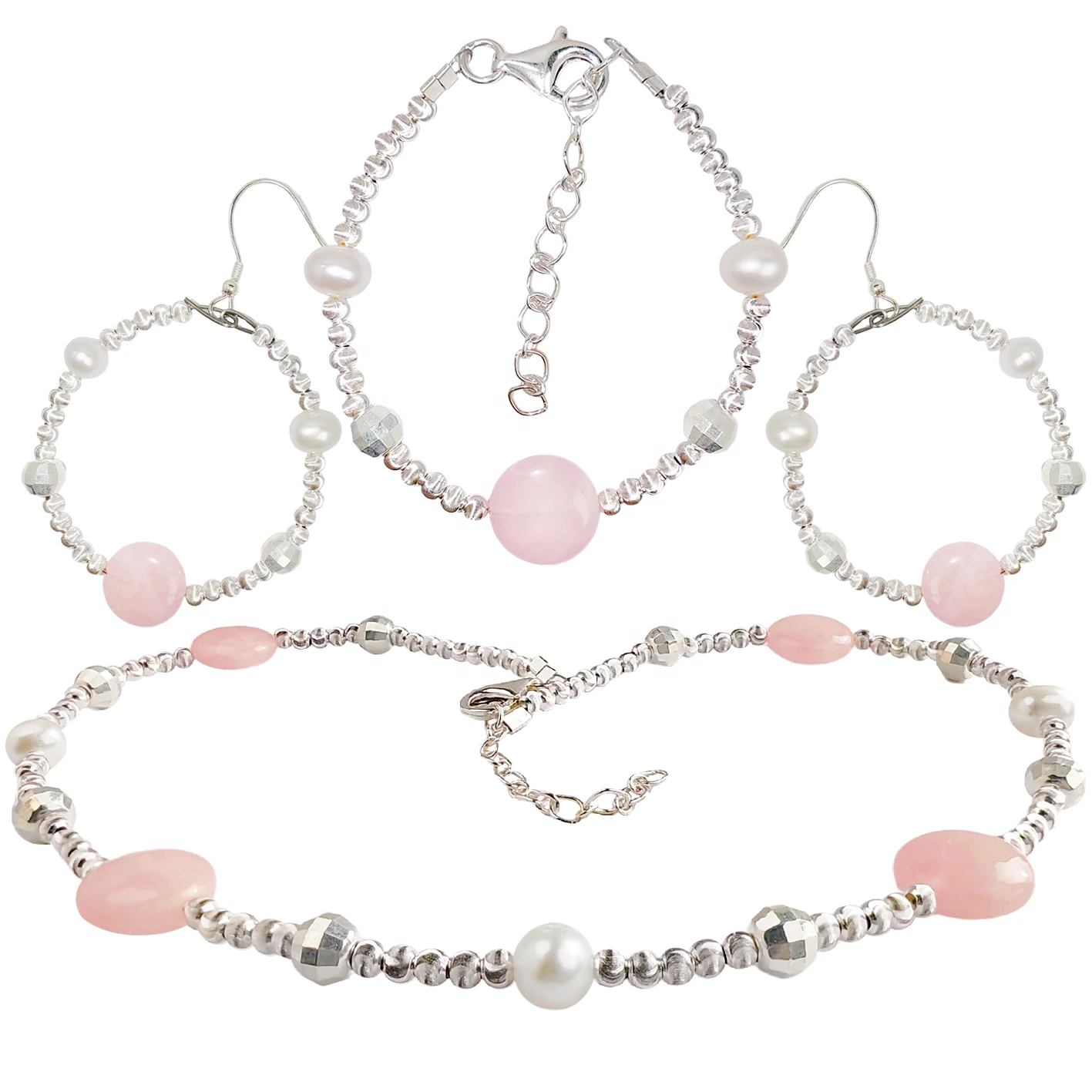 Jewelry Natural Rose Quartz Natural Pearls Sets Three-piece Sets Earrings Necklaces Bracelets Original Jewelry 1