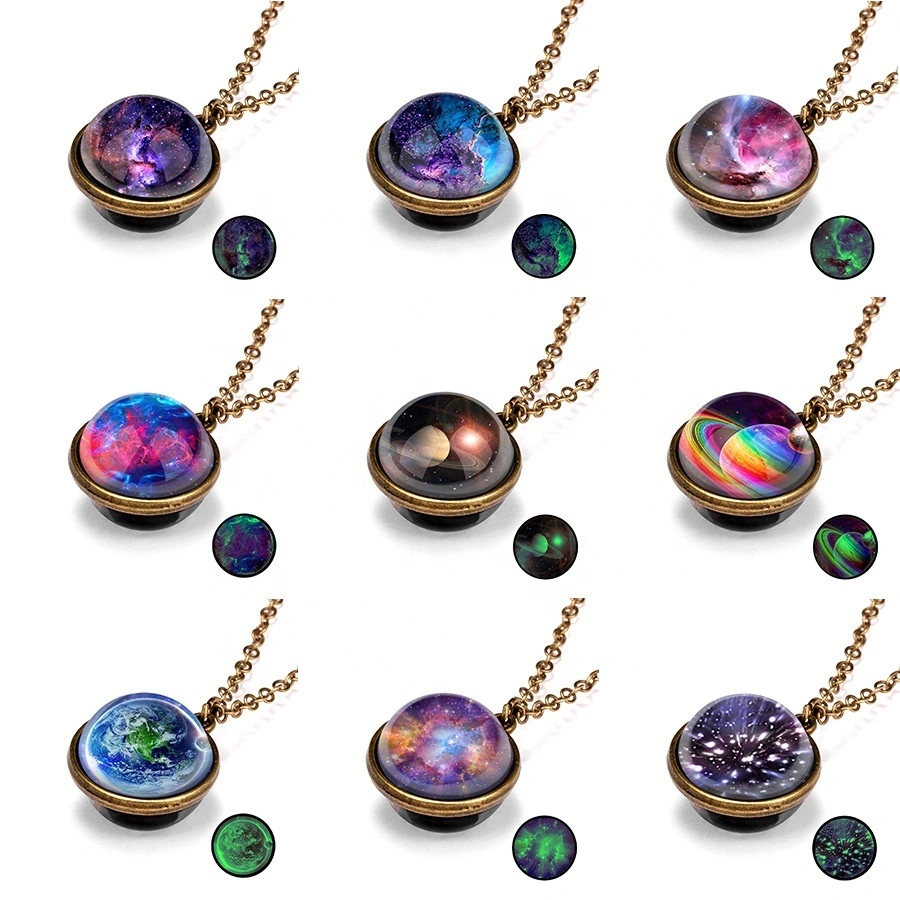 Cross Border Hot Selling Personality Galaxy Nebula Universe Nightlight Double Sided Glass Vintage Pendant Necklace Collar Chain 1