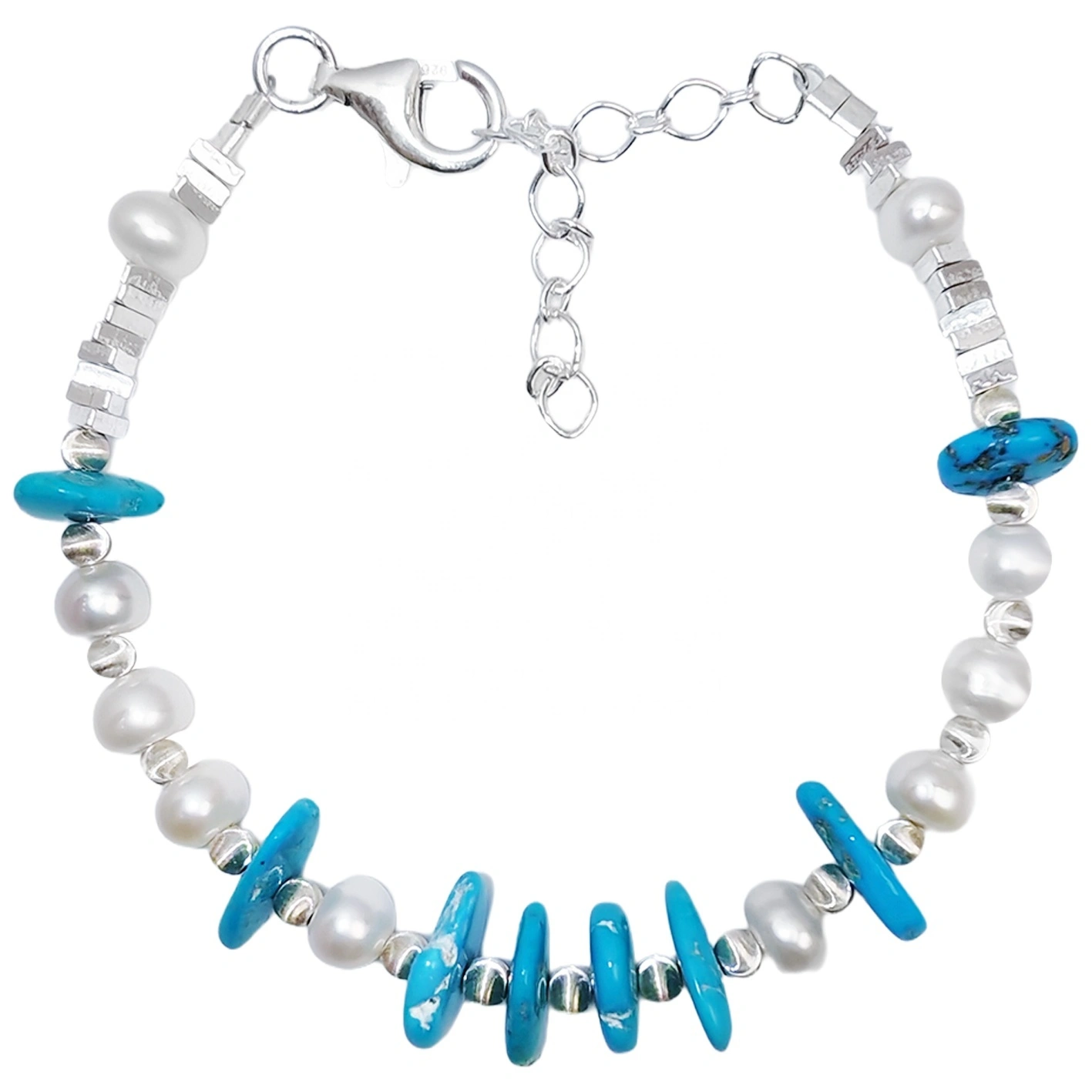 S925 Silver & Natural Turquoise With Pearls High Quality Understated Luxury Niche Style Multi Stone Beaded Bracelet Hot Sellers 1