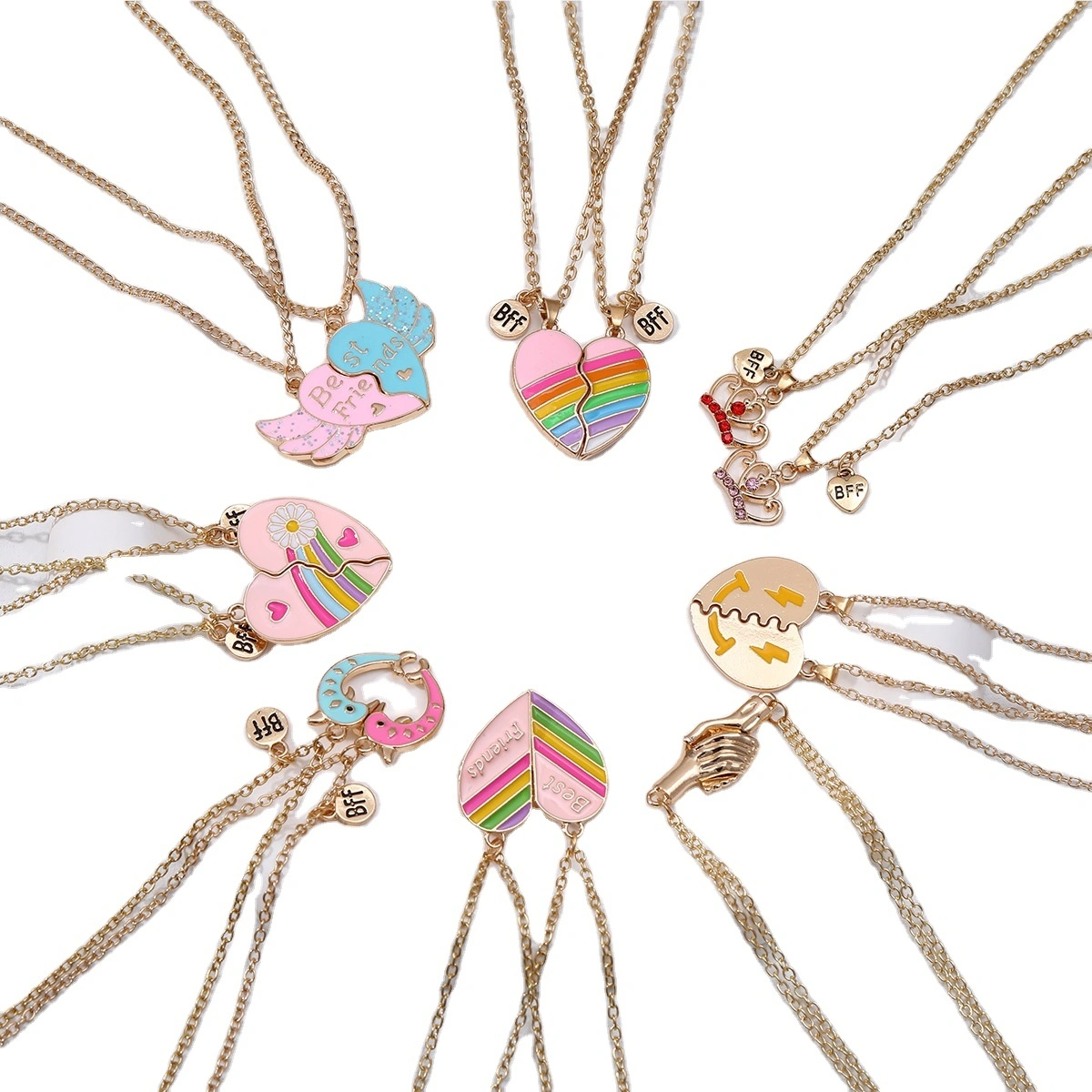 Bff Best Friend Pendant Magnet Stone Attractive Heart Shaped Gold Plated Pendant Colorful Oil Drop Splice Necklace Gift Set 1