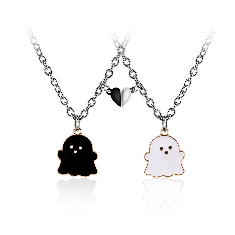 Black And White Ghost Cartoon Necklace Halloween Gift Magnetic Magnet Pendant Personalized Couple Stainless Steel Necklace 1