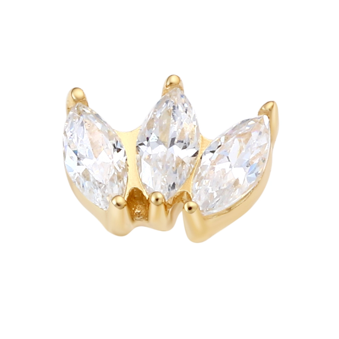 Eternal Metal 14k Solid Yellow Gold 5a Paved 3-marquise Fan Navel&ear Piercing Nose & Labret Threadless Push In Ends Tops 1