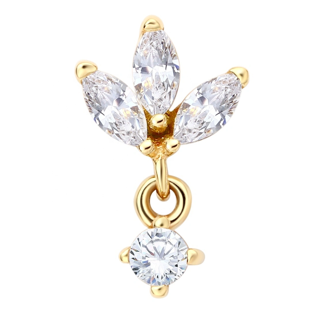 Eternal Metal 14k Solid Yellow Gold 5a Paved 3-marquise Fan Dangle Navelear Cartilage Threadless Push In Ends Tops 1