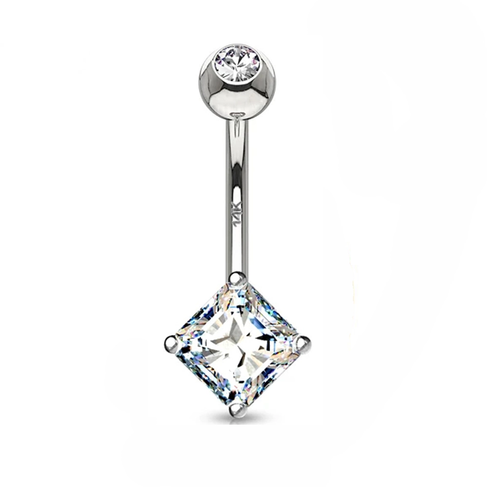 Eternal Metal 14k Solid White Gold Square Zirconia Belly Button Ring 1