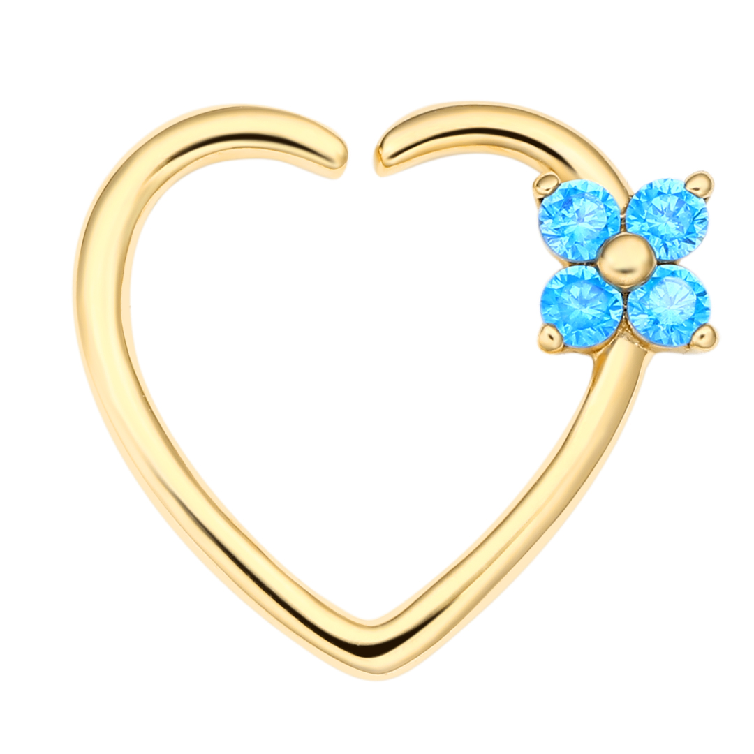 Eternal Metal 14k Solid Gold Hollow Heart With Blue Zircon Flower Seamless Ring Nose <000000> Earring Cartilage Piercing Jewelry 6