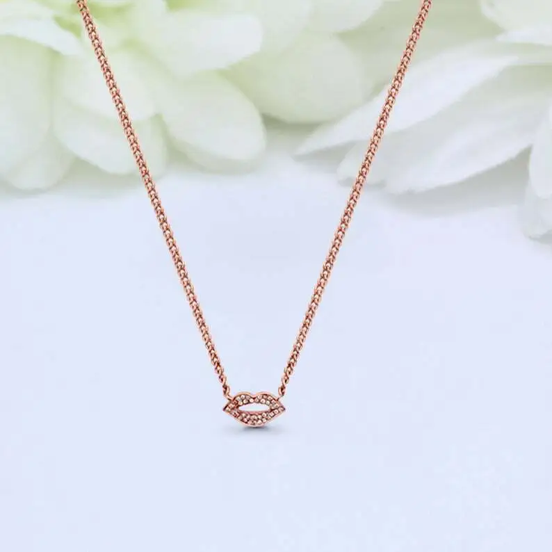 Lip Necklace 0.06 Carat G Vs Diamond Petite Dainty Mouth Pendant Necklace 14k Gold With 16-18 Rolo Chain 1