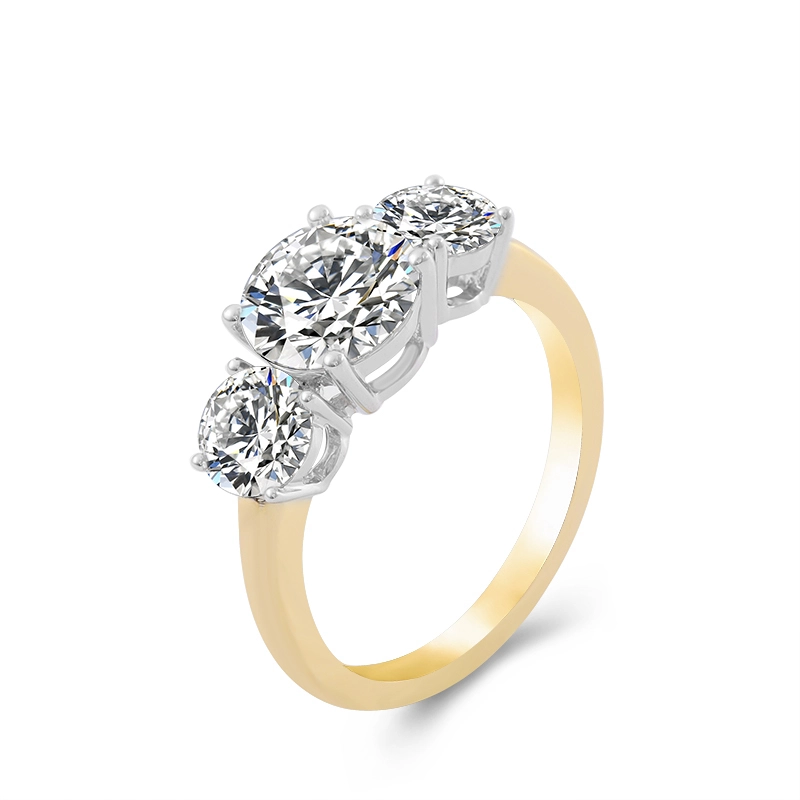 Bague personnalisée en or 14 carats, taille ronde, moissanite, trois pierres, serti griffes, trilogie, alliance de mariage 1