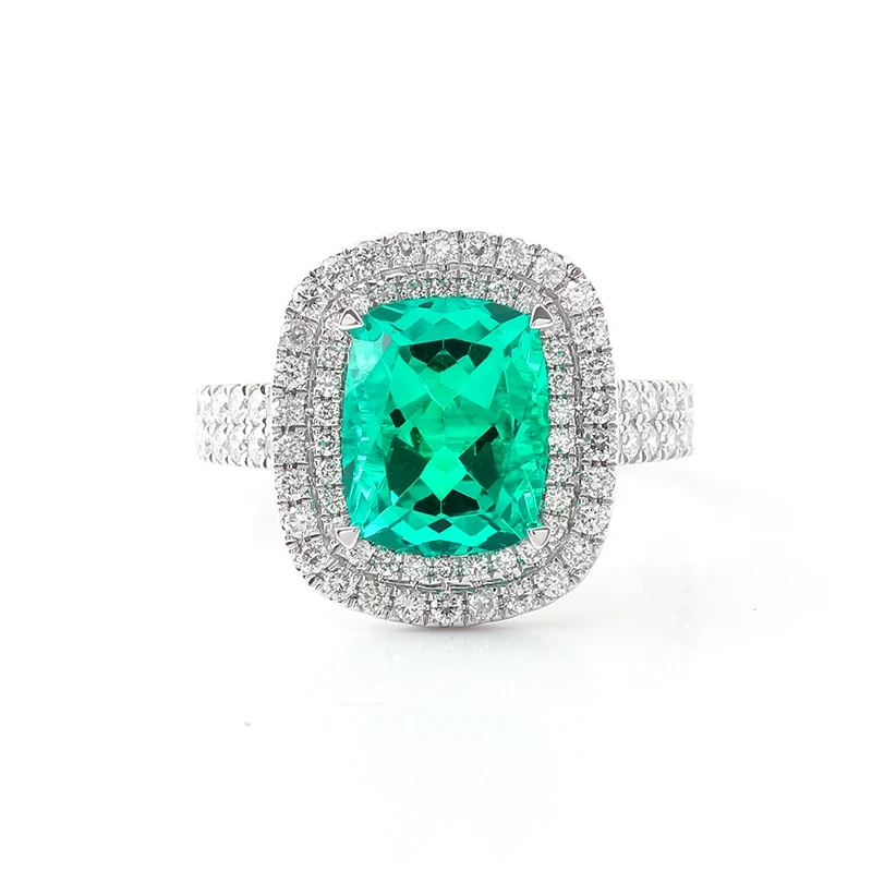 Double Halo Emerald Ring 18k Gold 8x10 Cushion Emerald And Diamond Ring Double Rows Paved Band Lab Diamond And Emerald Ring 1