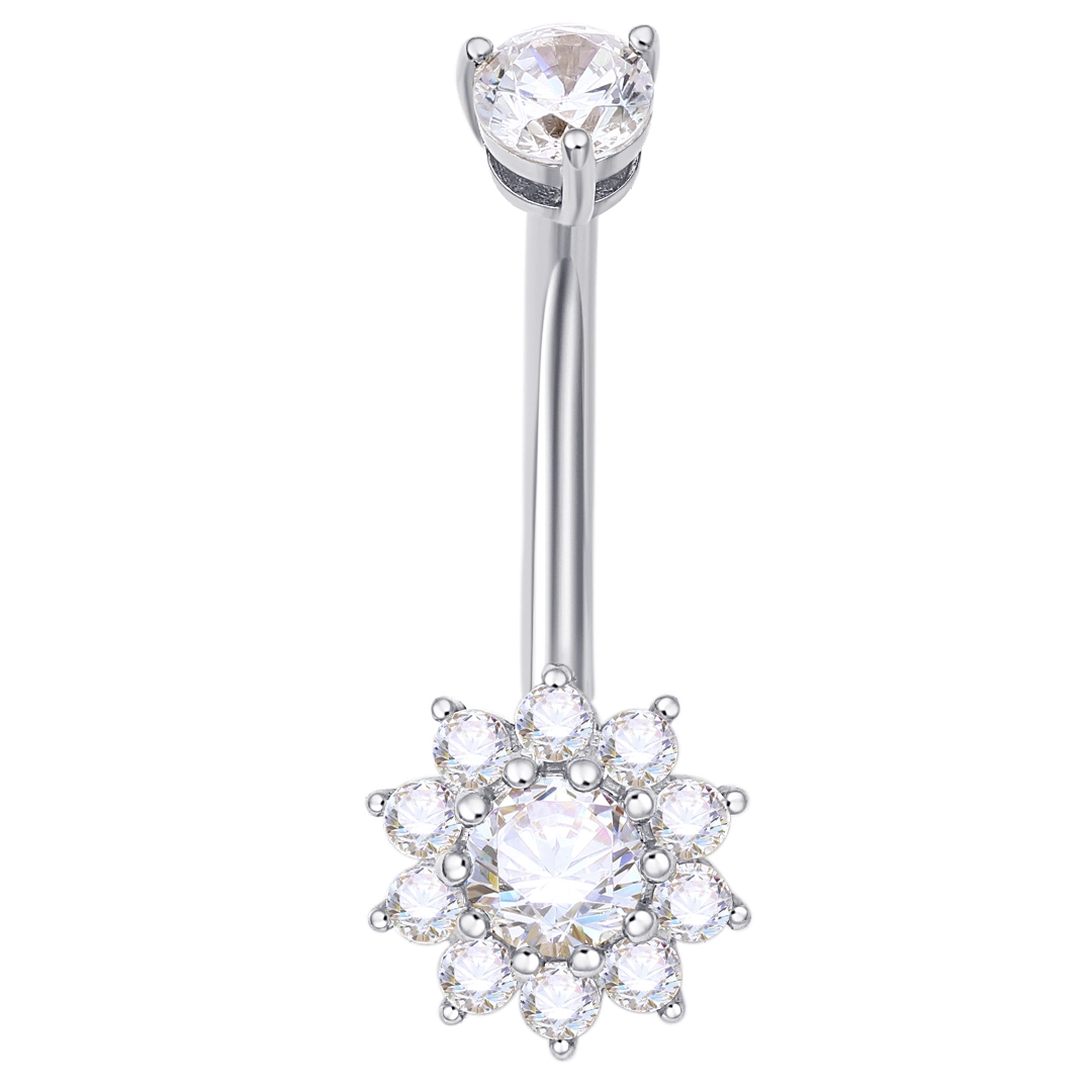 Eternal Metal 14k White Gold Internally Threaded Navel Rings Flower Shape 5a Clear Zircon Body Piercing Jewelry Wholesale 1