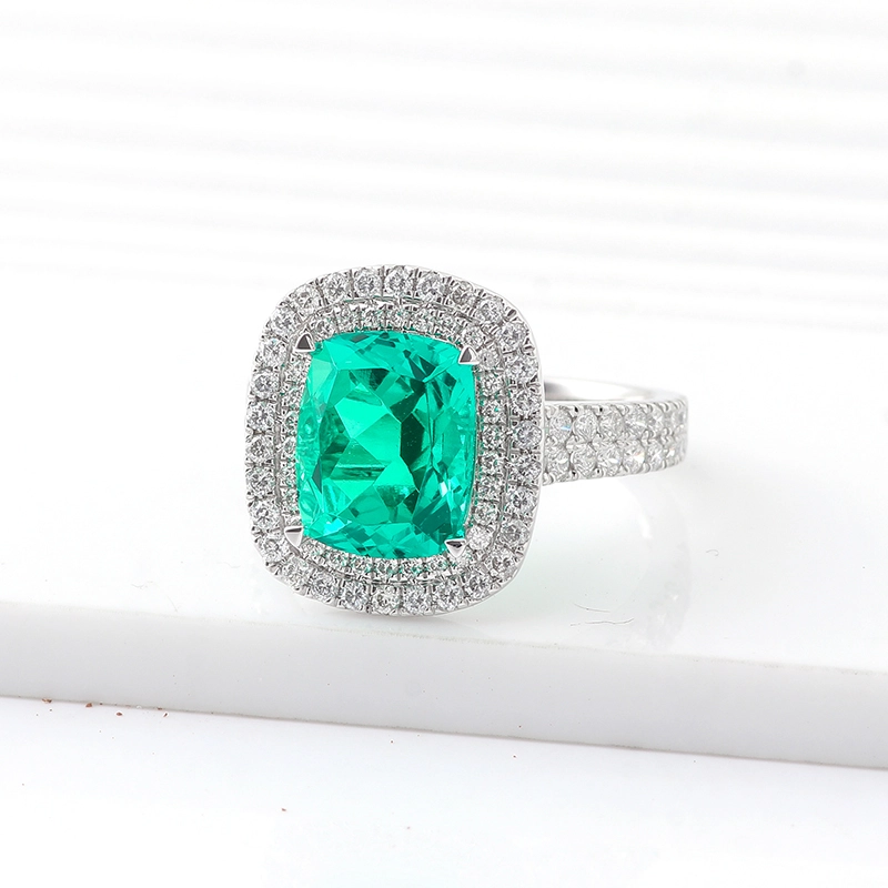 Gorgeous Emerald Jewelry 18k Solid Gold Emerald Engagement Ring Double Halo Diamond Ring Mother's Day Gift Wedding Jewelry 1