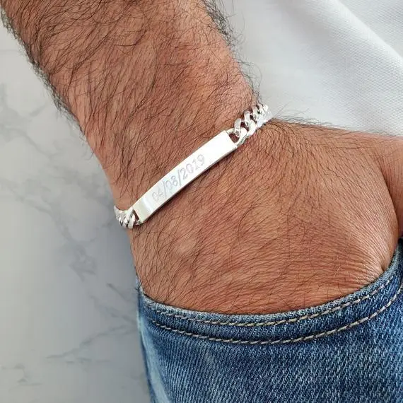 رجال 925 جنيه إسترليني الفضة ميامي كوبية سوار محفور البار الكوبي 8inch سوار الكوبي 1