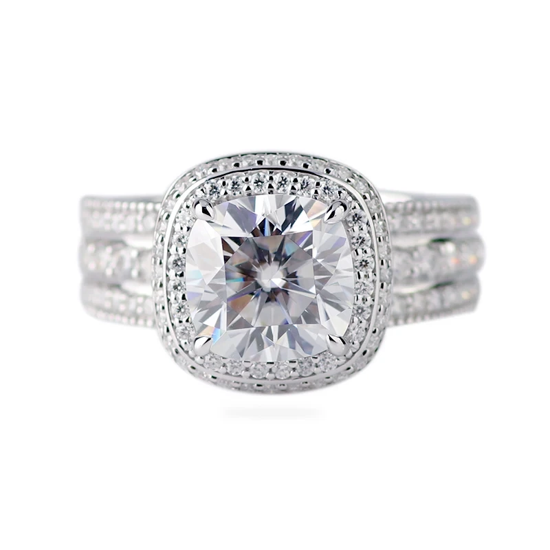 3carat coussin coupé central Moissanite Diamond Big Anneau avec 2 halos et 3 rangées de pierres de mêlée en mêlée pavées 1