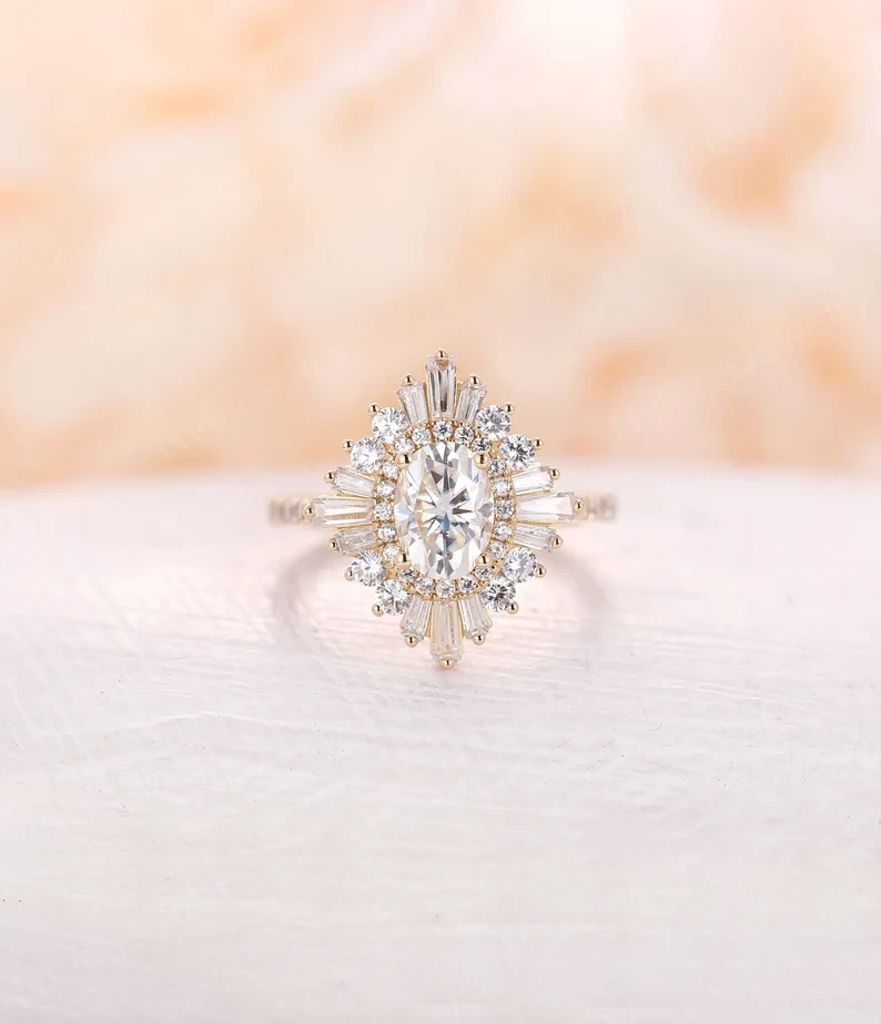 Cluster 14K Rague de fiançailles en diamant en or jaune 1carat anneau de Moissanite ovale à moitié éternité anniversaire femme bague 1