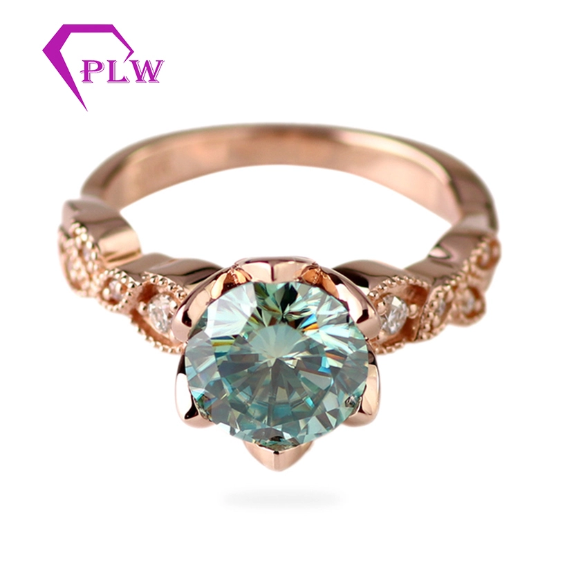 Bague de fiançailles en or rose 10 carats avec diamant Moissanite taille ronde de 7,5 mm bleu vert 1