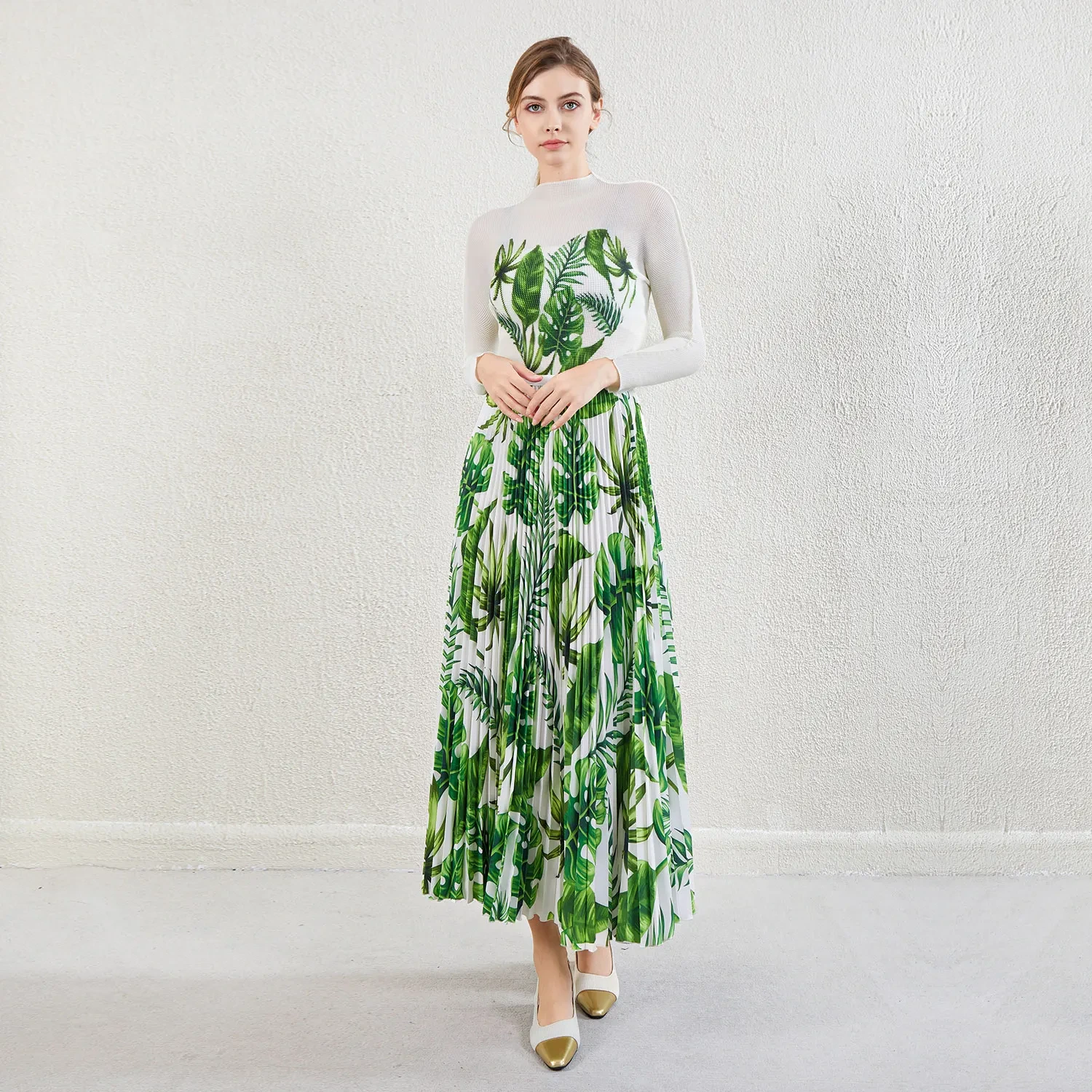 Low MOQ: High-Profit Pleated Skirt Suit Direct Supply The Latest Miyake Pleated Casual Style Set High Waist Elastic Loose Printed Shirt Long Pleated Skirt Two-piece Set 1