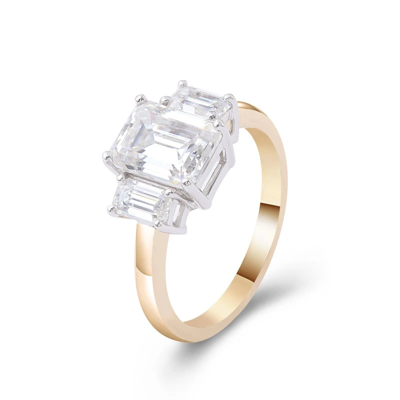 Provence Custom High-end Ring 14k Yellow Gold Three-stone Emerald Cut Moissanite Diamond Wedding Dress Ring Ladies Jewelry 1