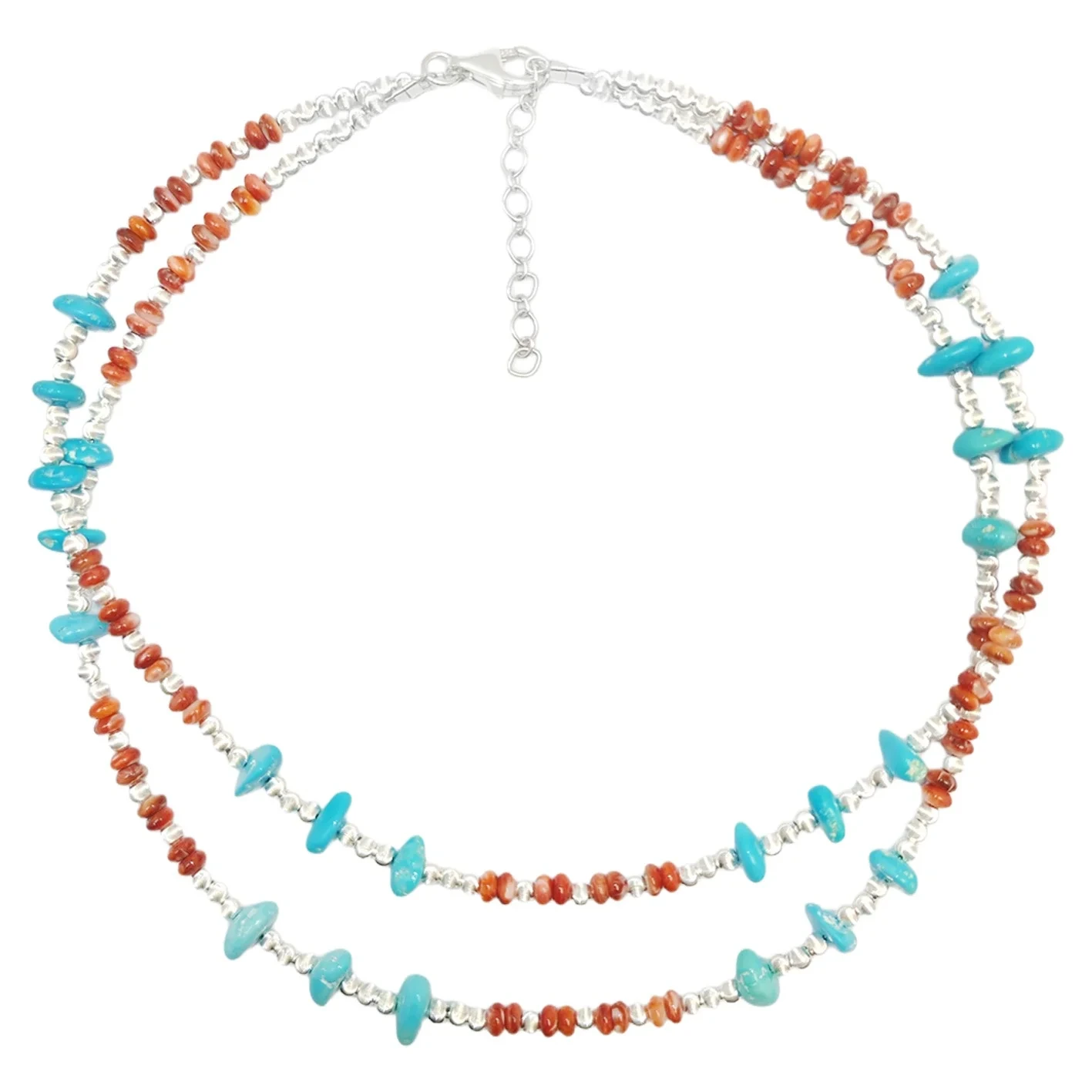 Natural Red Spiny Oyster & Turquoise Premium Women's Double Necklace With Delicate S925 Silver & Natural 1