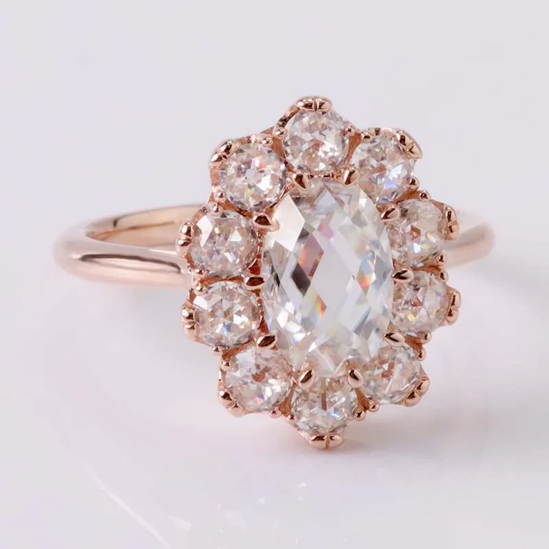 10 km rose or 6x9 mm ovale coupé rose central halo halo halo de fiançailles Moisanite avec un surround de coupe à double rose 3 mm 1