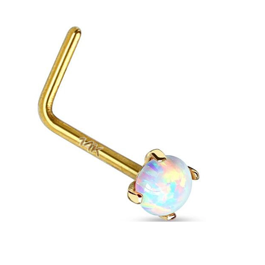 Eternal Metal 14k Solid Gold L Shape Opal Nose Stud Piercing Jewelry 1