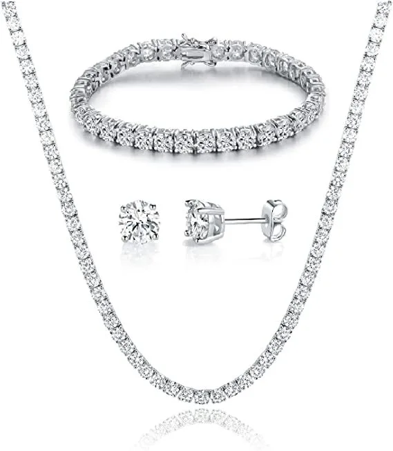 18k White Gold Plated 925 Sterling Silver Tennis Necklace/bracelet/earrings Sets 1