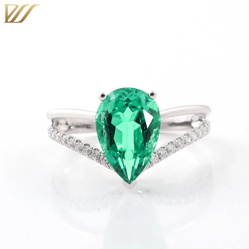 Genuine 18k White Gold Engagement Ring With Elegant Pear 8x12 Emerald And Lab Diamond Side Stones 1