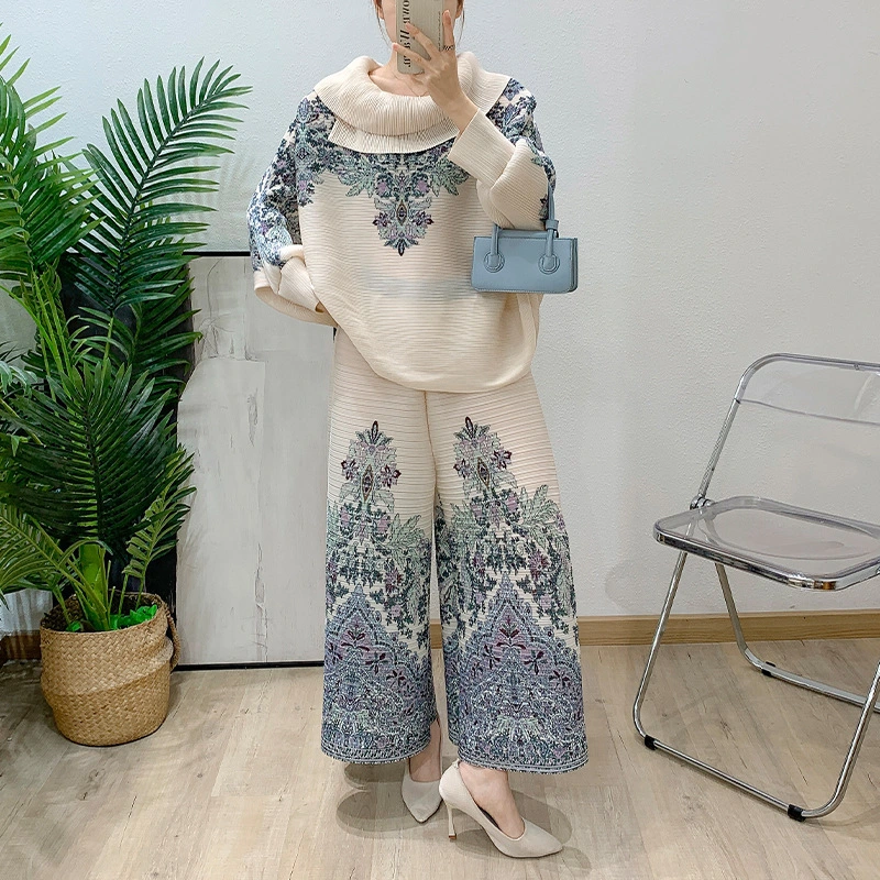 Miyake Pleated Hot-selling Printing 2025 Spring New Loose Long Sleeved Lapel Top And Wide-leg Pants Casual Two Piece Set 1