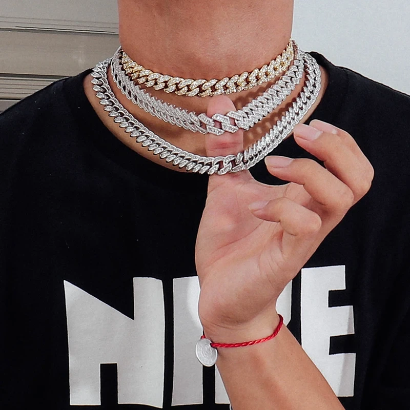 925 Sterling Silver Iced Out Miami Cuban Link Hip Hop Vvs Moissanite Cuban Choker Chain Necklace 1