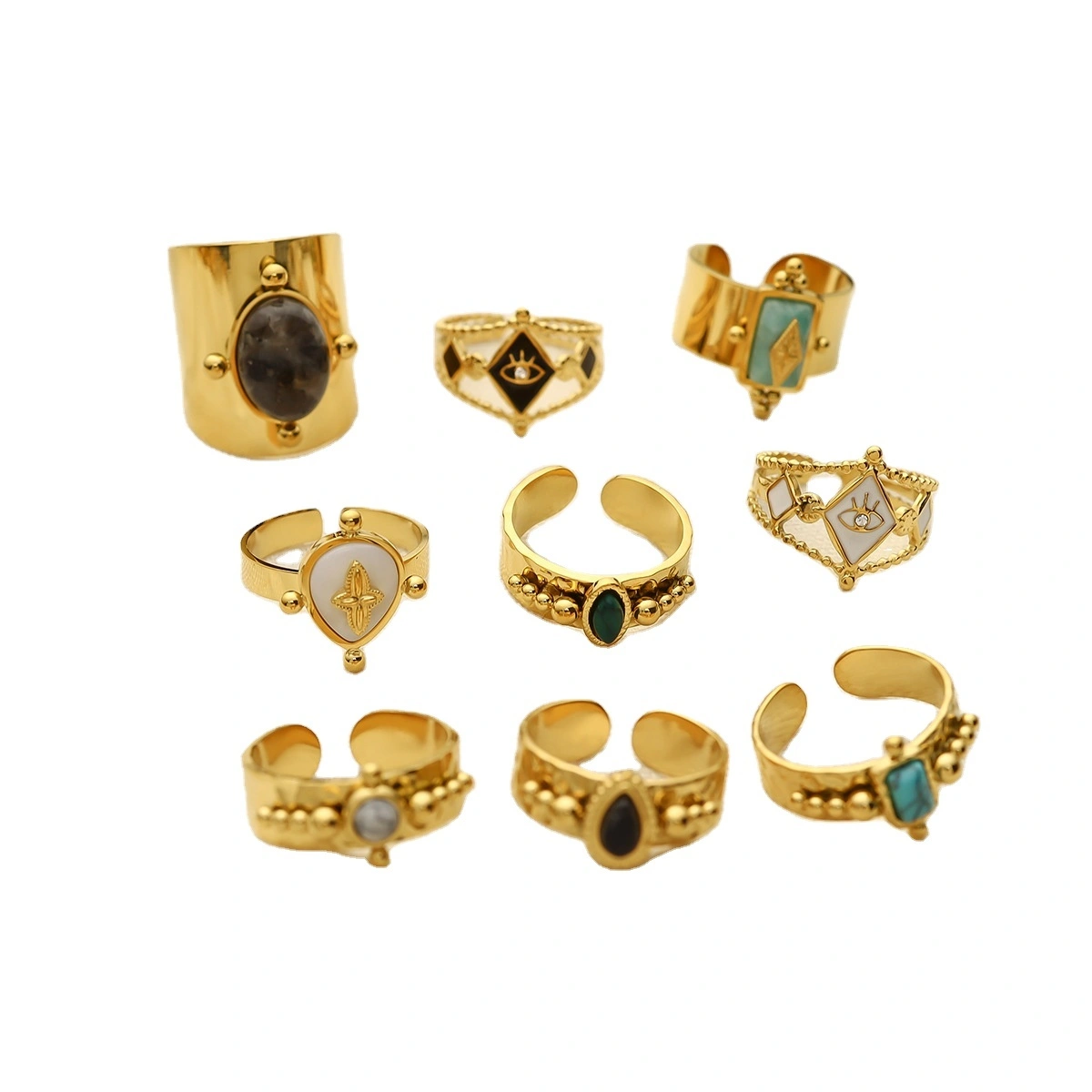 Natural Stone Shell Stainless Steel Gold Plated Adjustable Gemstone Ring Jewelry For Women 1
