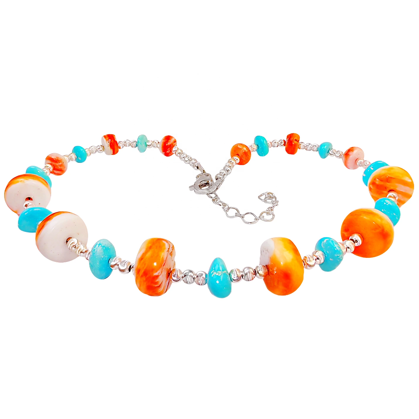 Necklace Features S925 Silver Beads Strung With Natural Sterling Treatment Turquoise And Accented With Orange Spiny Oyster 1