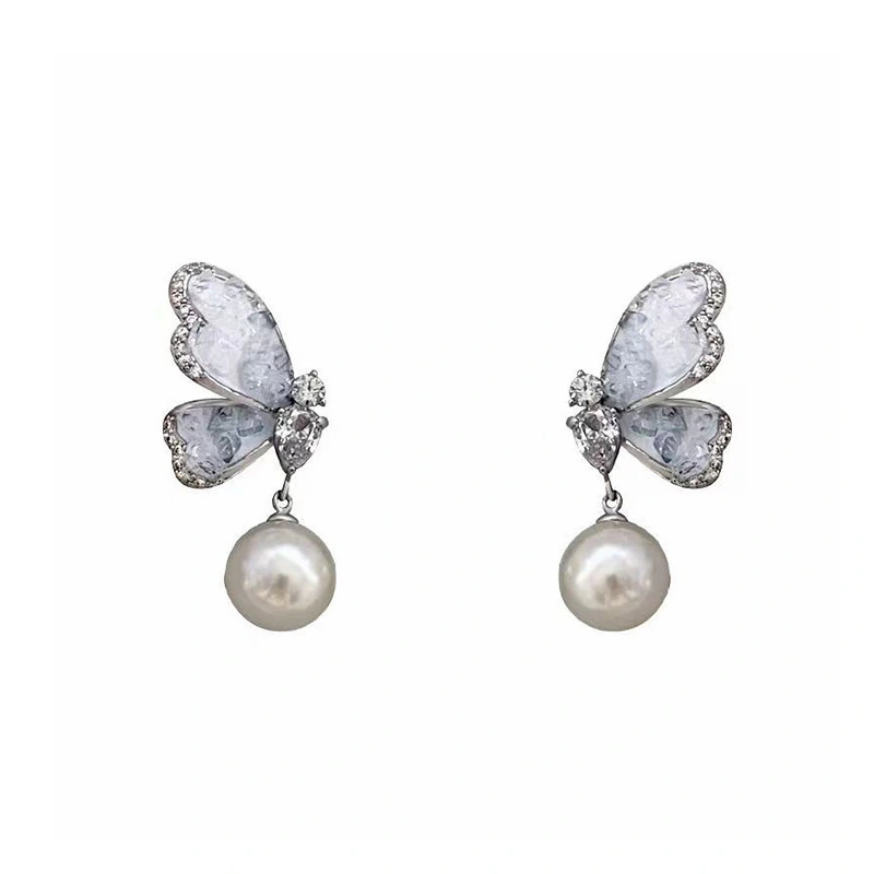 Silver Needle Gradient Crystal Butterfly Pearl Earrings With Advanced Temperament And New Trend Plating Alloy Earrings 1