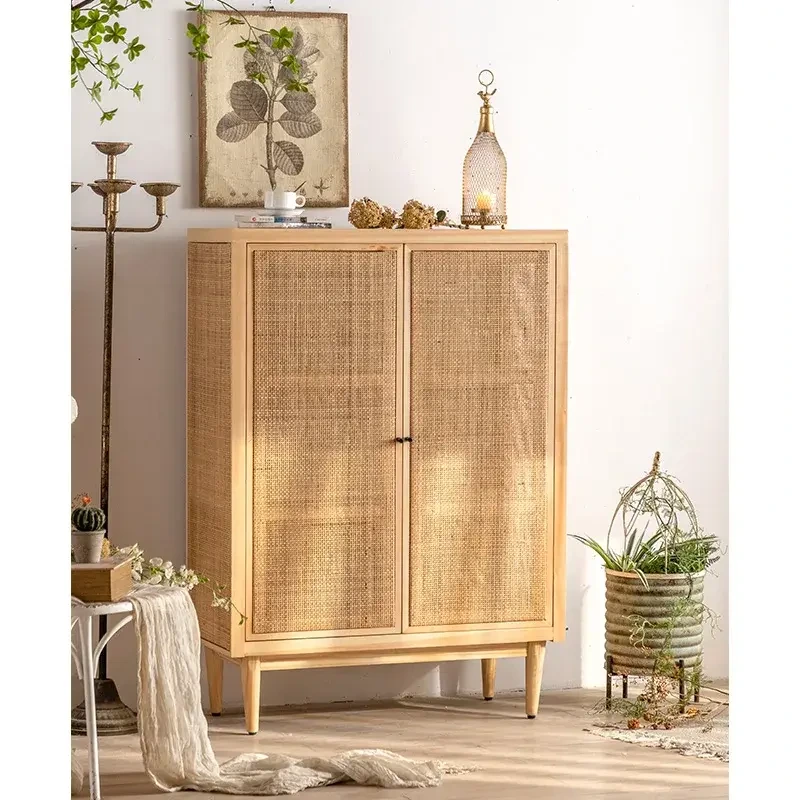 Japanese Style Oak Rattan Side Storage Cabinet With 2 Doors 1