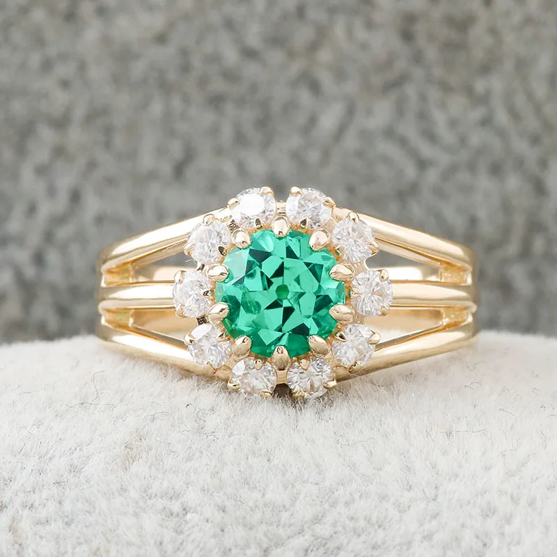 Diamant <000000> Smaragd-Cluster-Ring 10 Karat Gelbgold, runder Oec-Schliff, Labor-Smaragd-Cluster-Ring, Smaragd-Verlobungsring, Stapelband 8